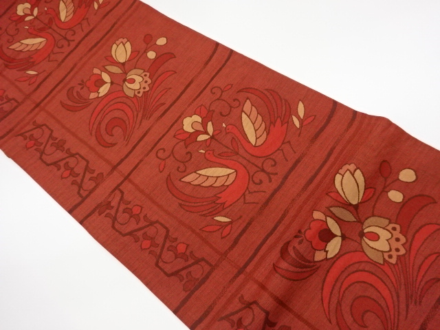 JAPANESE KIMONO / VINTAGE FUKURO OBI / WOVEN BIRDS & FLORAL PLANTS